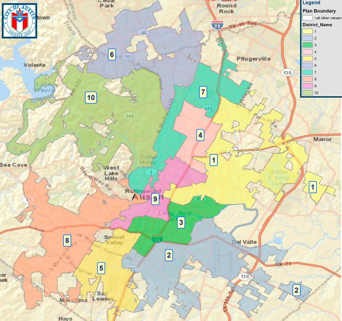 kaart van Austin stadsraad distrik